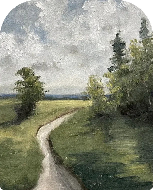 Pintura de um caminho de terra atravessando um campo verde
