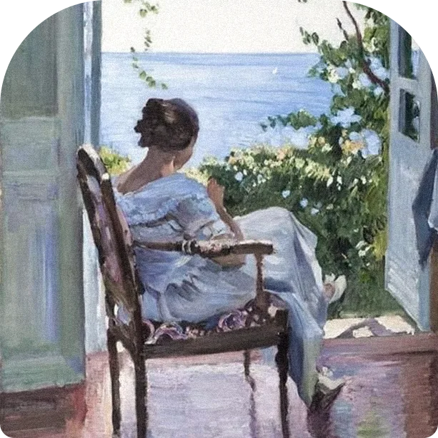 Pintura de uma mulher sentada diante de uma janela aberta para o mar